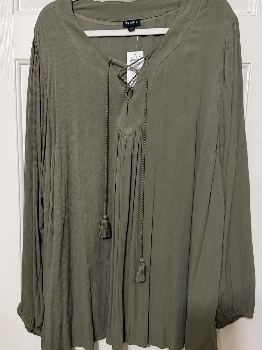torrid olive lace-up tassel peasant blouse